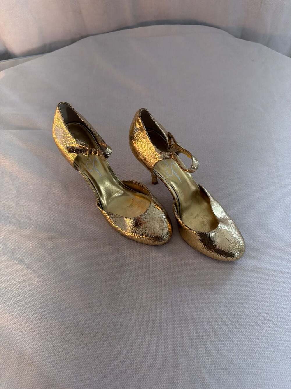Jessica Simpson Gold Metallic Crackle D'Orsay Ankle Strap Heels
